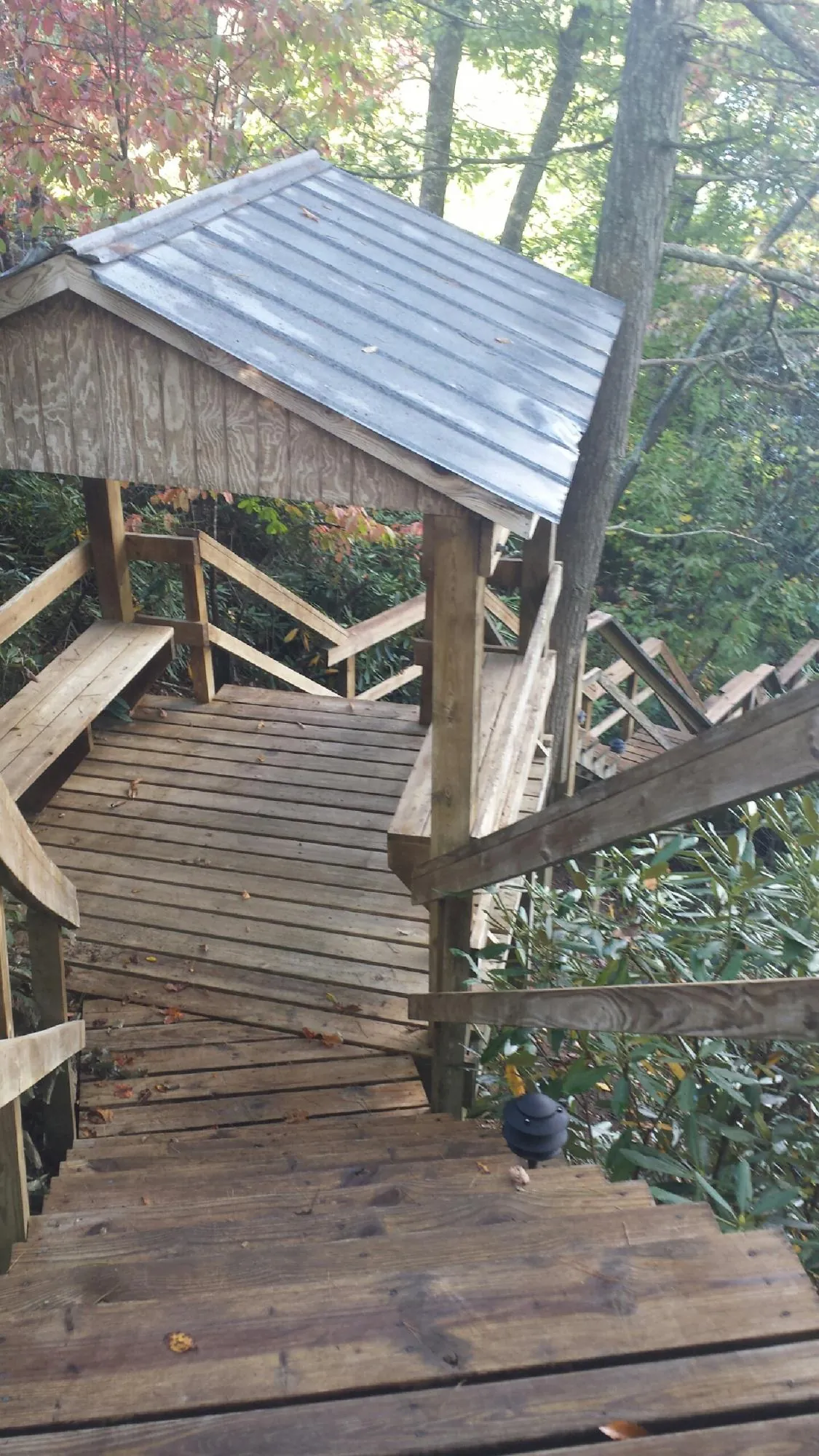 Metal roofed shelter over wooden steps on a wooded walkway — Skylight Repair & Installation work by our crew in Cataula